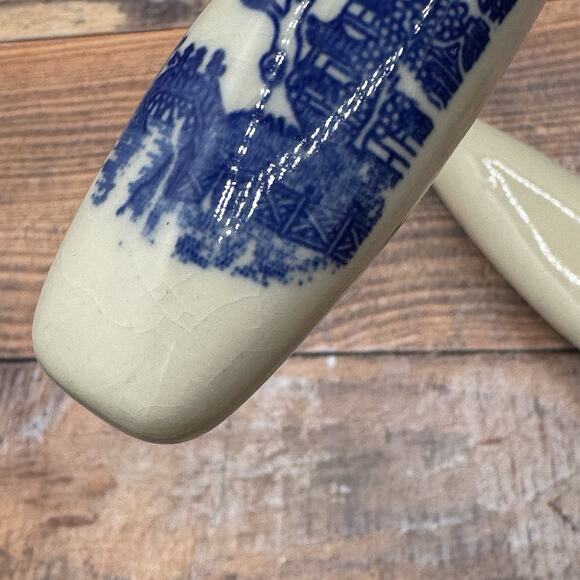 Vintage Japan Blue Willow Salad Serving Fork and Spoon Set Wood Look / Porcelain - Picture 5 of 6